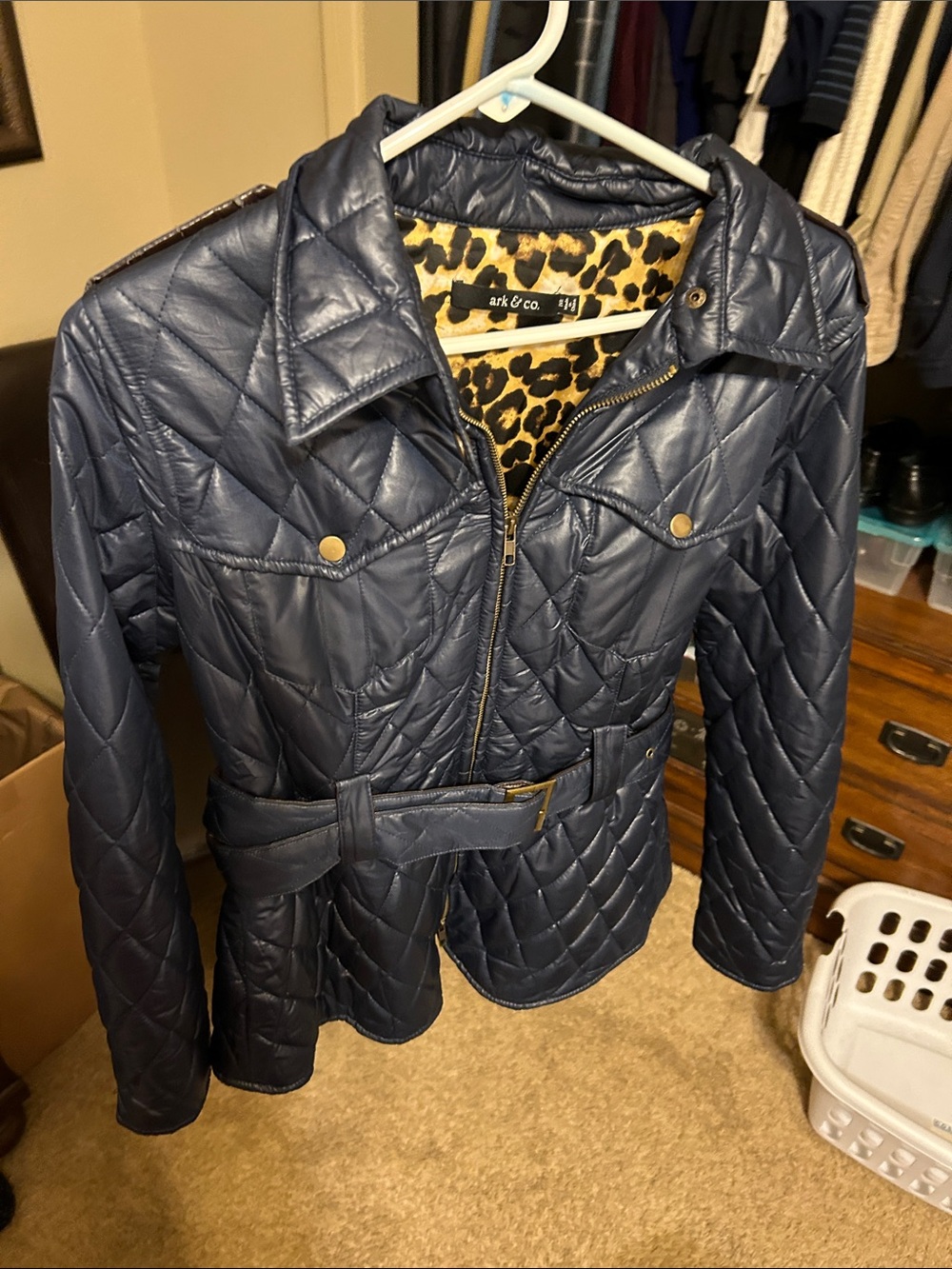 Ark & Co Navy Quilted Belted Jacket with Leopard Lining
